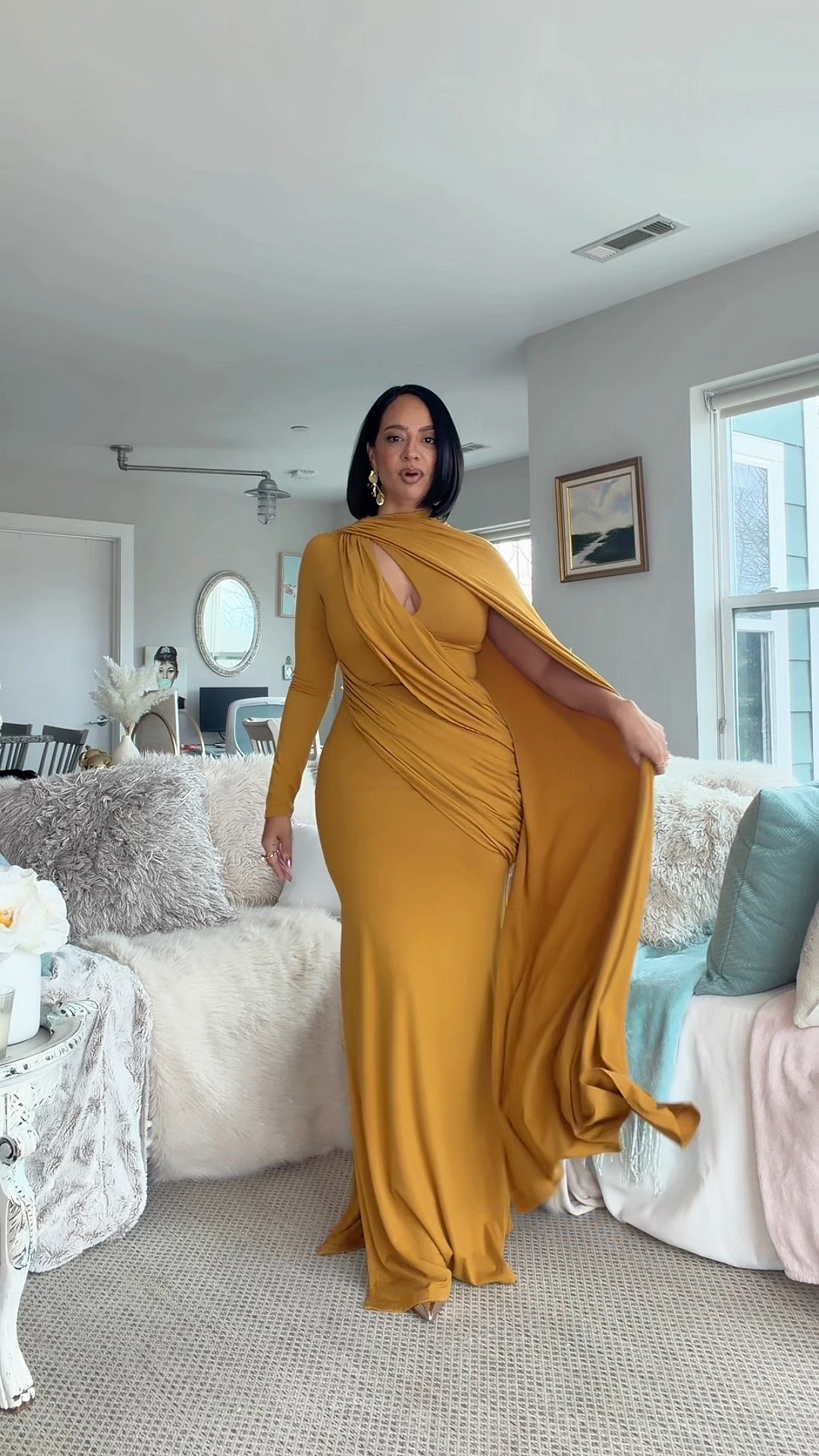 My FAVORITE CAPE DRESS IS BACK IN STOCK!!!! This is not a drill! This thing was out of stock for literally ever and I’ve been checking and checking to see when it was back so I could share with you guys! Also comes in chocolate brown and it is SO BEAUTIFUL. Gorgeous so a wedding guest dress or literally a trip to the grocery store because I’m so obsessed with it. ✨ 

Sizing 👇🏽 

5’3
32DD
27” Waist
42” Hip
Wearing a M

#LTKWedding #LTKOver40 #LTKPetite