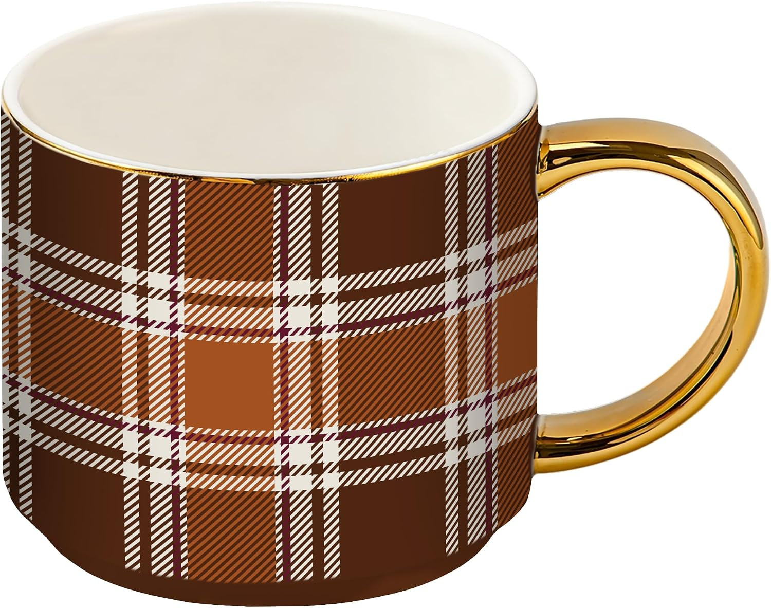 Sweet Water Decor Brown Plaid Mug with Gold Handle, 14oz Fine Bone China Coffee Cup for Tea, Latte, or Hot Cider, Cozy Fall Drinkware, Housewarming & Hostess Gift for Autumn and Thanksgiving | Amazon (US)
