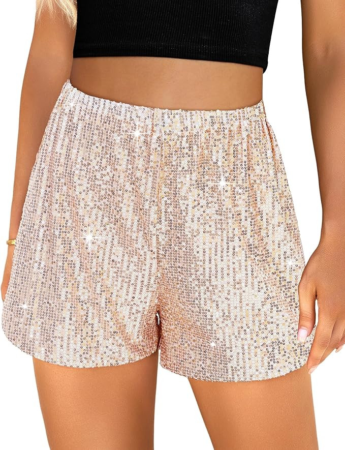 luvamia Sequin Shorts for Women Trendy High Waisted Stretchy Pull On Glitter Sparkly Shorts Holid... | Amazon (US)