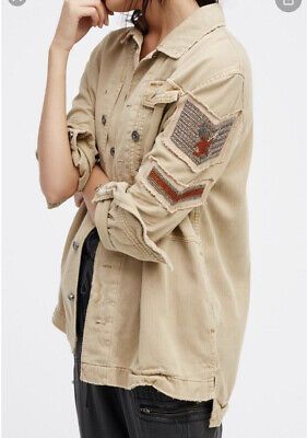 Free People Embellished Military Shirt Jacket size M Khaki Beige | eBay AU