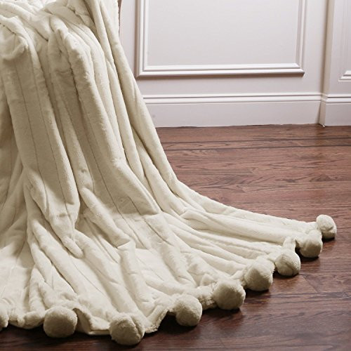 Best Home Fashion Luxe Mink Faux Fur Pom Throw -Lounge Blanket - Cream - 58"W X 60"L (1 Throw) | Amazon (US)
