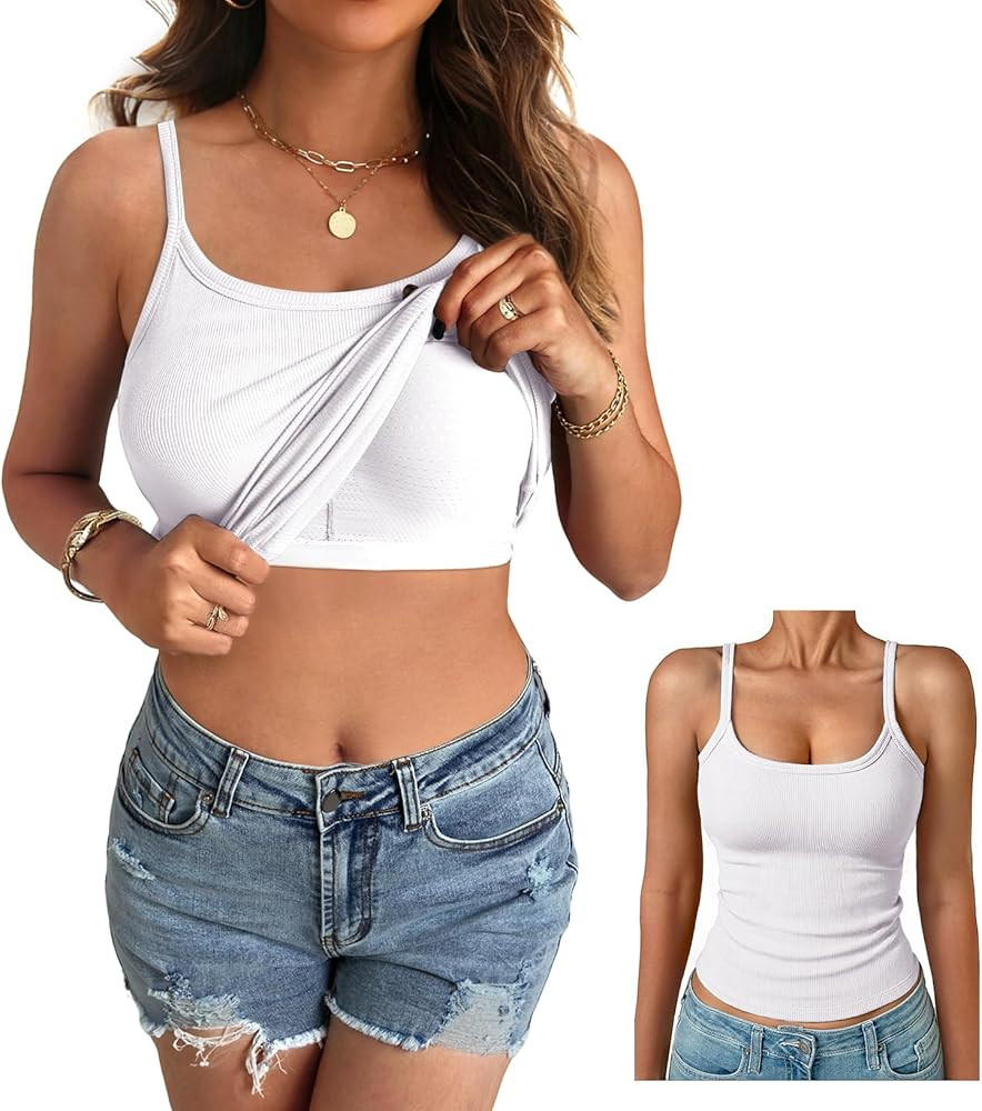 Women Built in Bra Tank Top Form Fitting Scoop Neck Ribbed Basic Padded Cami Shirts | Amazon (US)