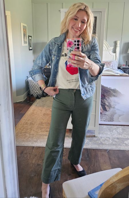 Spring casual outfit with green cropped wide leg pants, fun graphic French tee, and a denim jacket.Wearing 8 tall in pants

#LTKSeasonal #LTKover40 #LTKstyletip