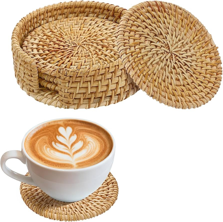 4pcs Natural Handmade Rattan Coasters with Holder - Wicker Drink Coasters Set for Protecting Tabl... | Amazon (US)