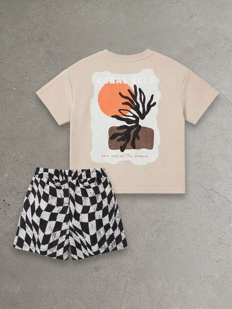Boys Casual Two Piece Set Beige Short Sleeve T Shirt With Nature Tree Print And Black Checkered D... | SHEIN