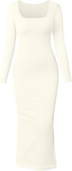 OQQ Women’s Dress Long Sleeve Square Neck Bodycon Fit Seamless Ribbed Casual Loungewear Maxi Dr... | Amazon (UK)