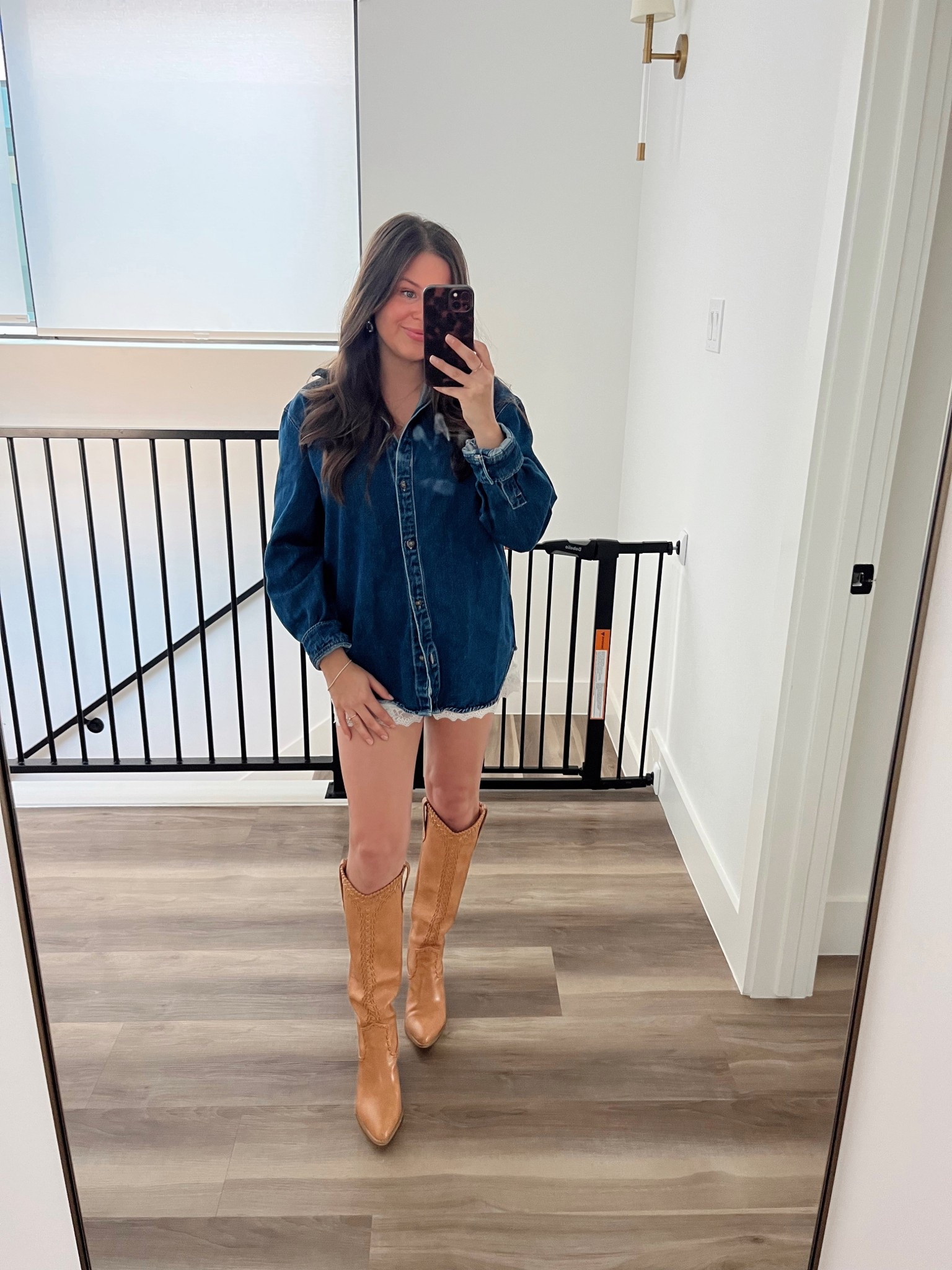 Fall transition outfit 

Denim button down, white lace shorts, Amazon find, brown boots, cowboy boots, leather boots, women’s western style, western boots, lace trim, satin shorts, wrangler 