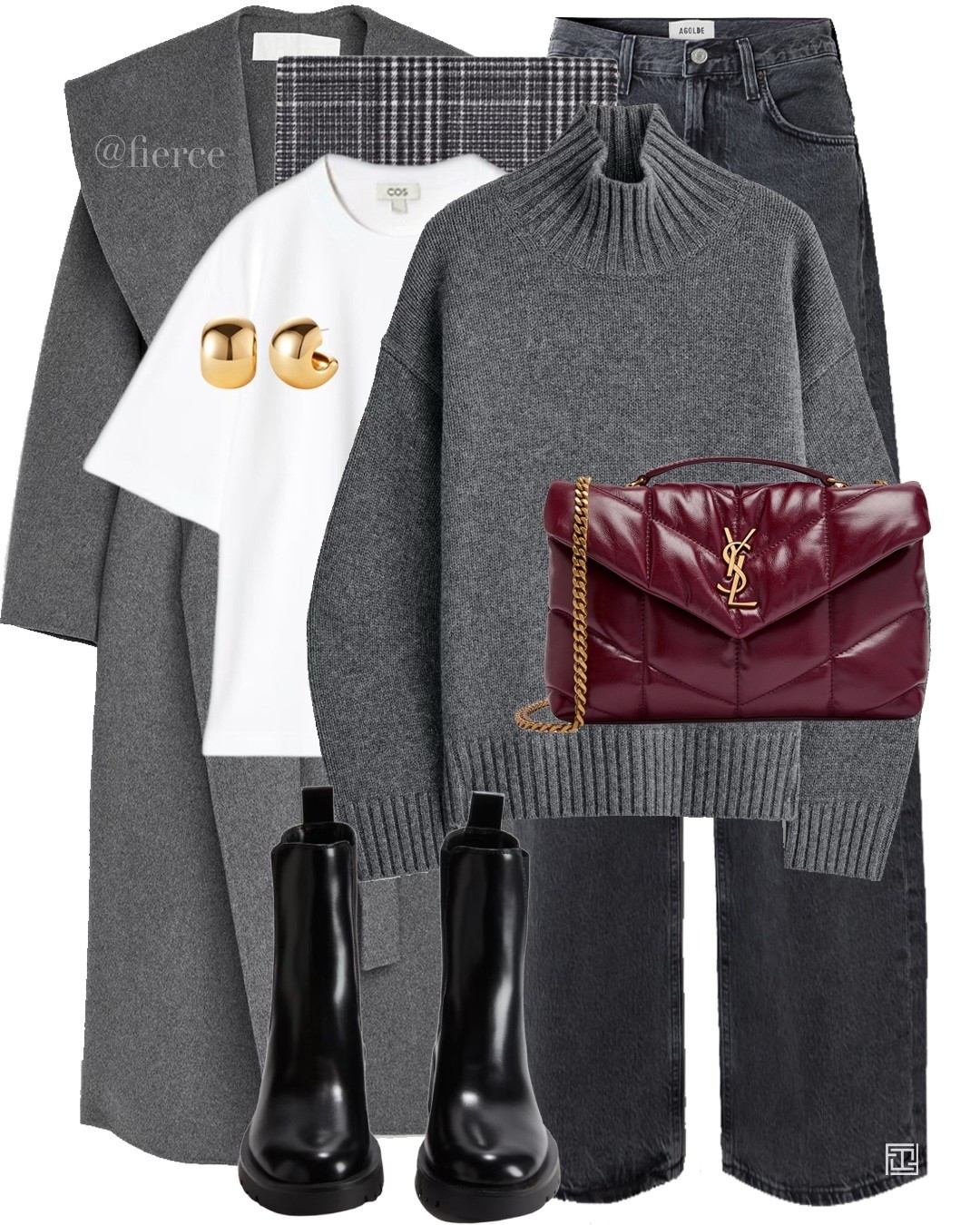 Grey belted wool coat Ysl burgundy bag black ankle boots checked grey scarf grey jeans 

#LTKeurope #LTKwinter #LTKuk