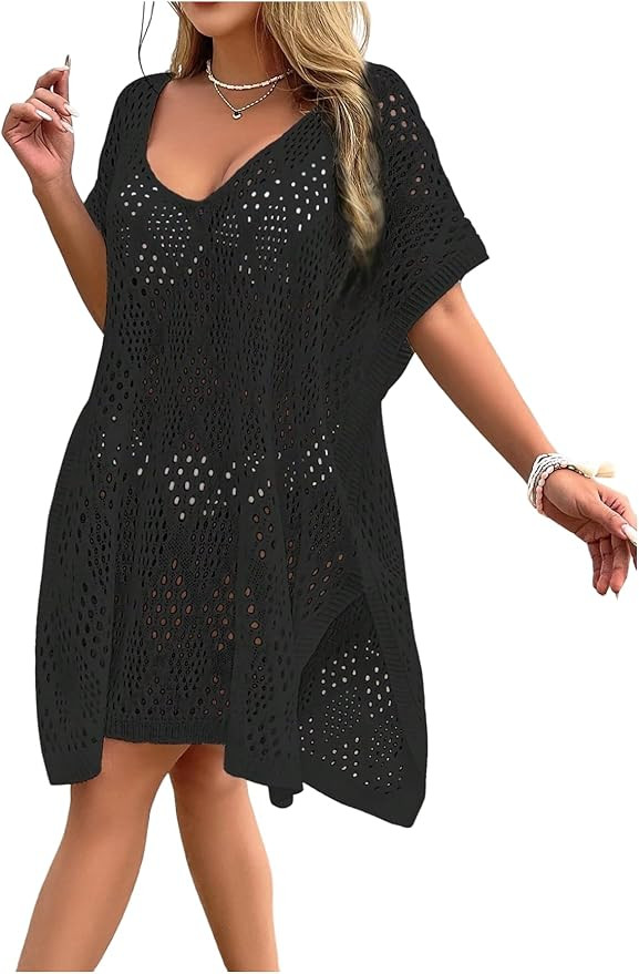 OYOANGLE Women's Plus Size Crochet Swimsuit Cover Ups Hollow Out Short Sleeve Loose Swim Dress Be... | Amazon (US)