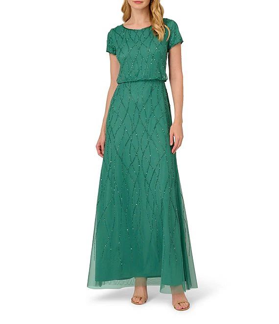 Adrianna Papell Beaded Crew Neck Short Sleeve Blouson Gown | Dillard's | Dillard's