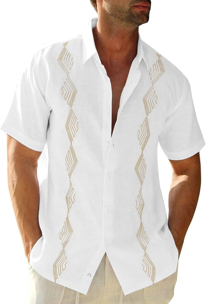Makkrom Men Cuban Guayabera Shirts Linen Short Sleeve Button Down Cotton Mexican Beach Wedding Sh... | Amazon (US)