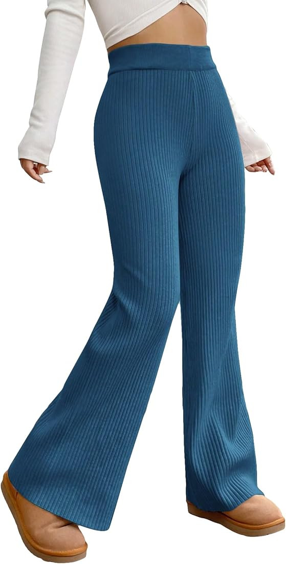 MakeMeChic Women's Wide Leg Pants Ribbed Knit High Waist Casual Pants Lounge Pants | Amazon (US)