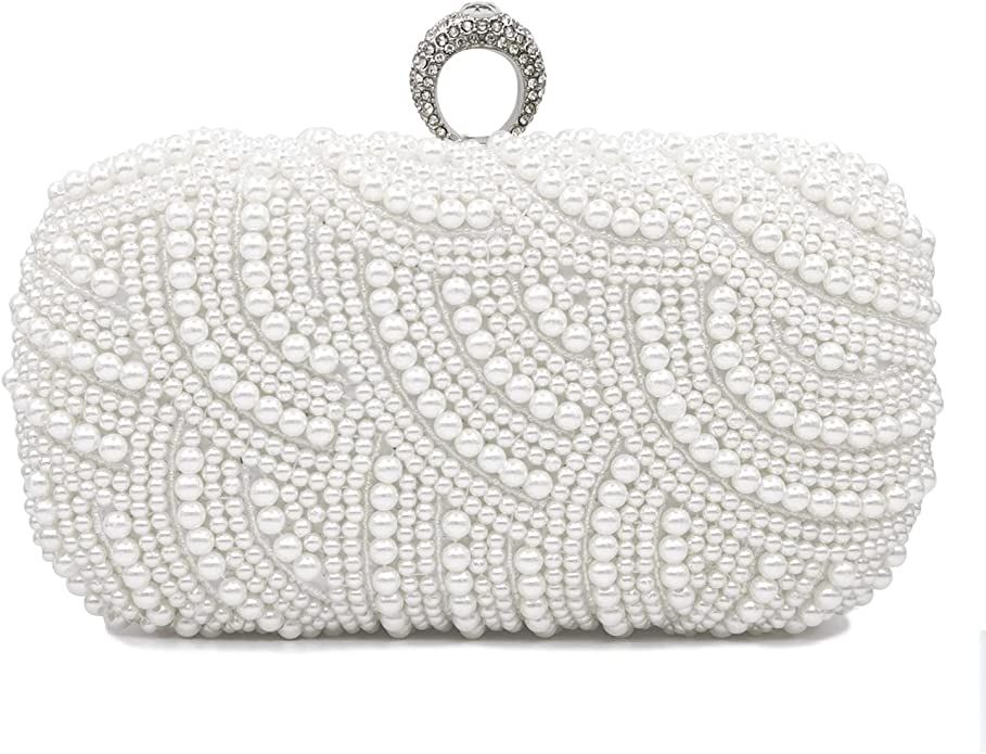 Aovtero Pearl Clutch Bag Bride Purse Women Wedding Prom Evening Bags Full Beaded Handbag with Cha... | Amazon (US)