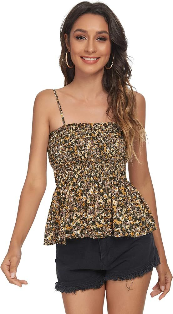 Tribear Women's Casual Frill Smocked Cami Tank Tops Floral Shoulder Strap Vest | Amazon (US)