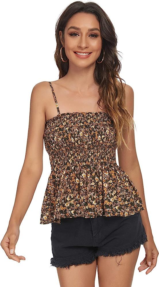 Tribear Women's Casual Frill Smocked Cami Tank Tops Floral Shoulder Strap Vest | Amazon (US)