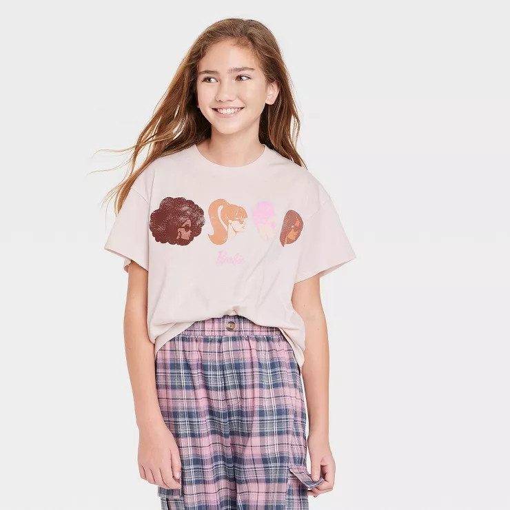 Girls' Boxy Cropped Barbie Short Sleeve Graphic T-Shirt - art class™ Beige | Target