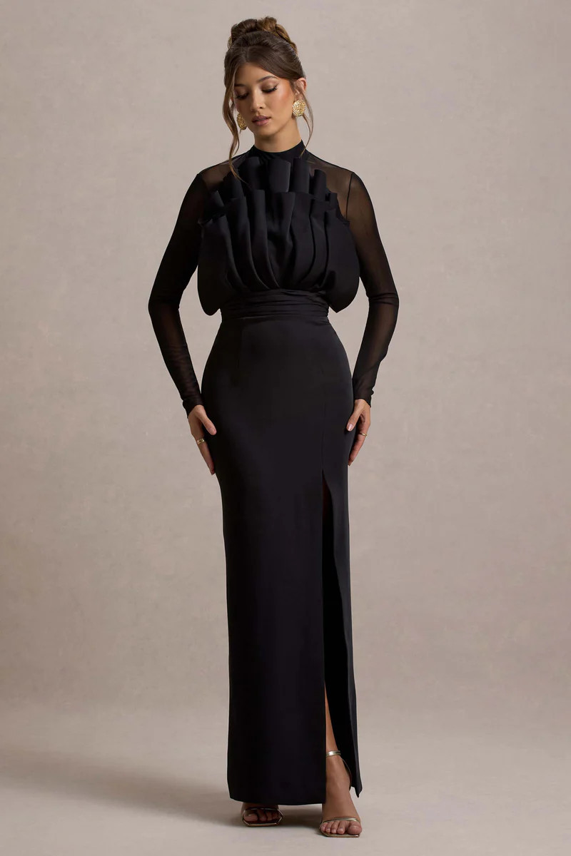 Alder | Black Mesh Long-Sleeve Ruffled Split Maxi Dress | Club L London