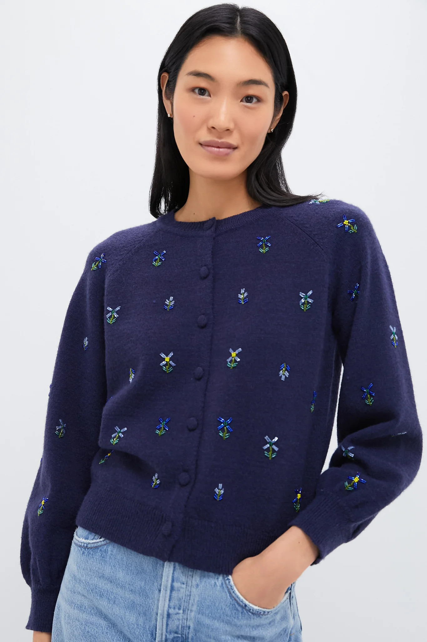 Blue Floral Embellishment Navy Elsie Cardigan | Tuckernuck (US)