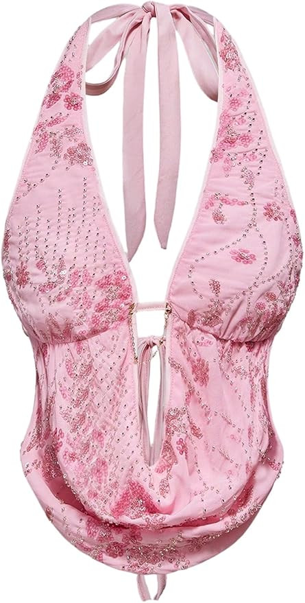 Verdusa Women's Cheetah Print Sequin Top Y2K Tie Back Corset Halter Going Out Crop Tops | Amazon (US)