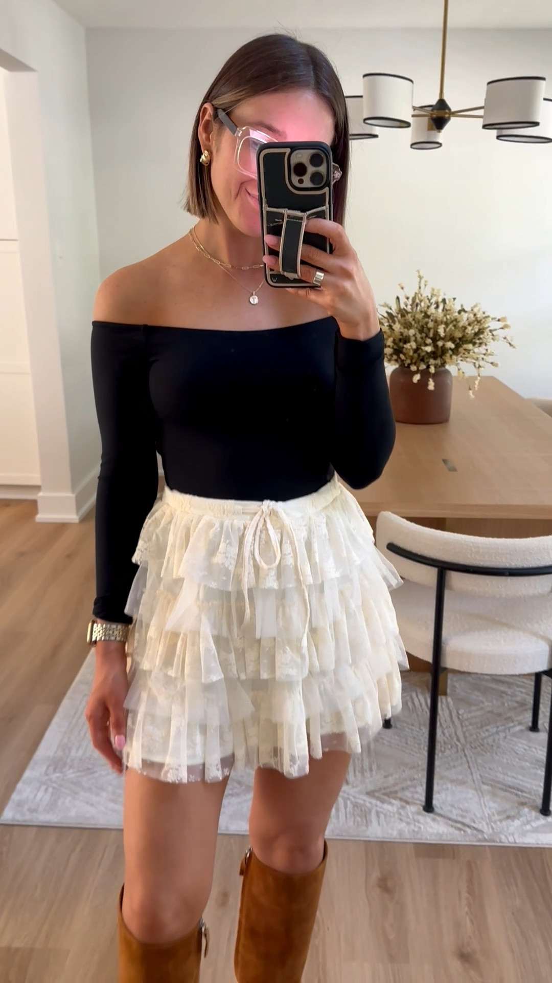 Nuuds black off the shoulder bodysuit size small. Vici lined lace mini skirt in cream, size small tts but if in between, probably size down - wish I got an xs. Franco Sarto brown chestnut knee high boots size 7 tts. Not very structured but are comfortable 

N sale, Nordstrom anniversary sale, knee high boots, chocolate brown, brown boots, western boots, suede boots, kitten heel, fall outfit, mini skort, mini skirt, bodysuit, autumn, autumn outfit, transitional outfit 


#LTKSaleAlert #LTKautumn #LTKxVICI