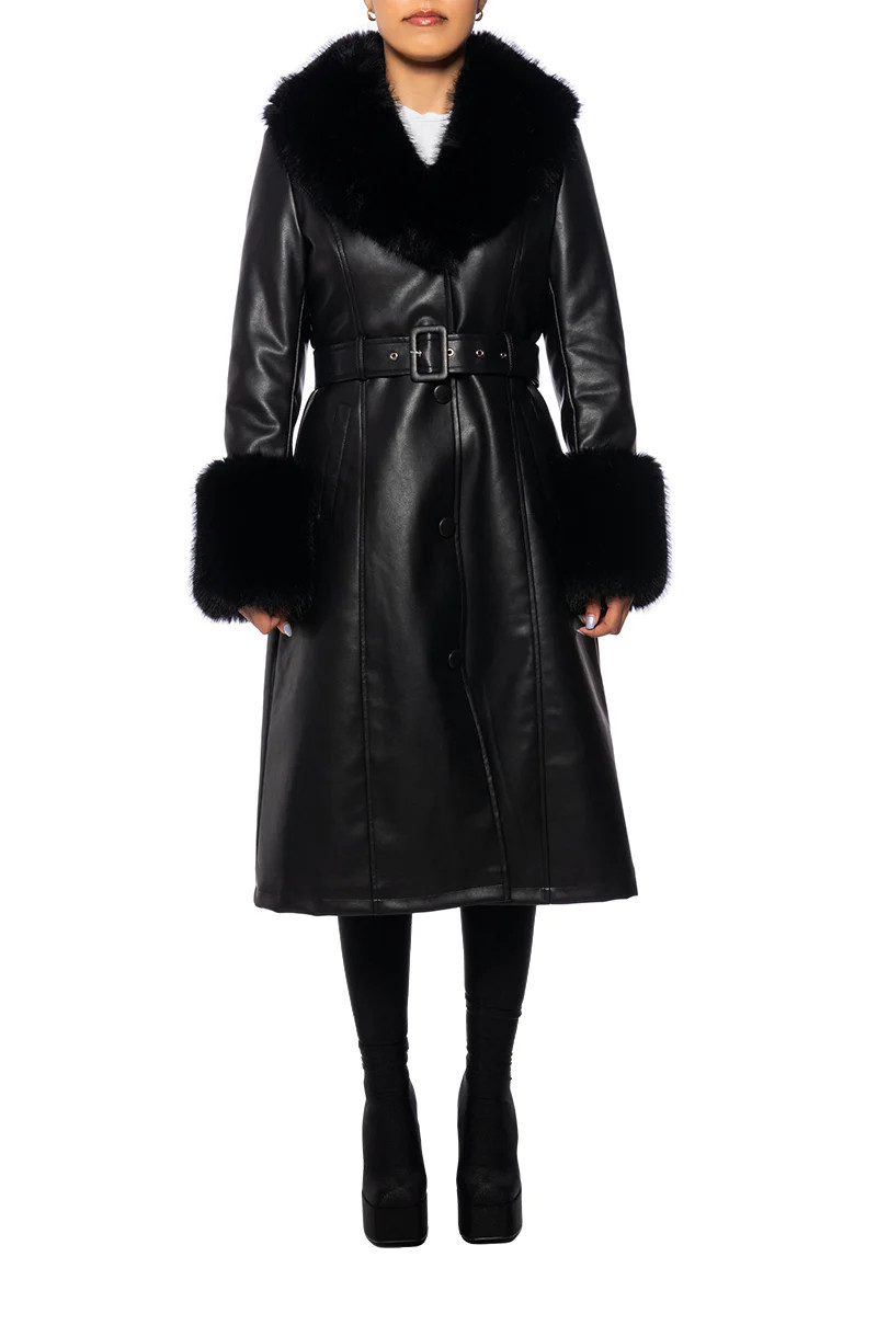 KAYA BLACK FAUX FUR LEATHER COAT | Azalea Wang