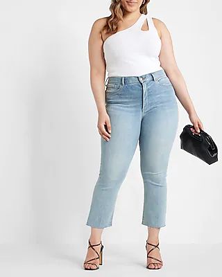 High Waisted Light Wash Raw Hem Cropped Flare Jeans | Express