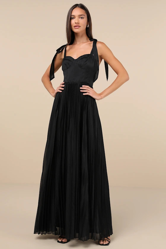 Attentive Elegance Black Tie-Strap Bustier Pleated Maxi Dress | Lulus