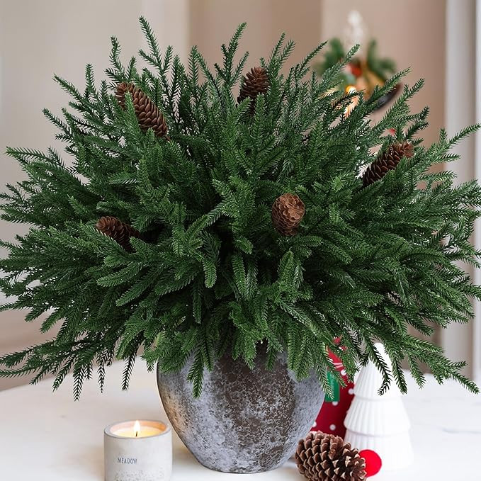 19 Inch Christmas Norfolk Pine Stems, 12PCS Real Touch Faux Cedar Pine with 5PCS Big Pine Cones B... | Amazon (US)