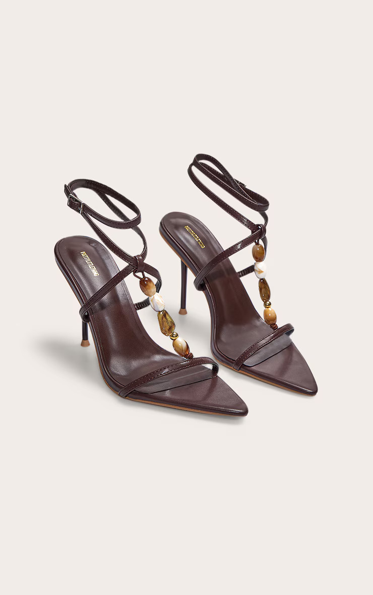 Chocolate Pu Square Toe Beaded Lace Up High Stiletto Heeled Sandals | PrettyLittleThing UK