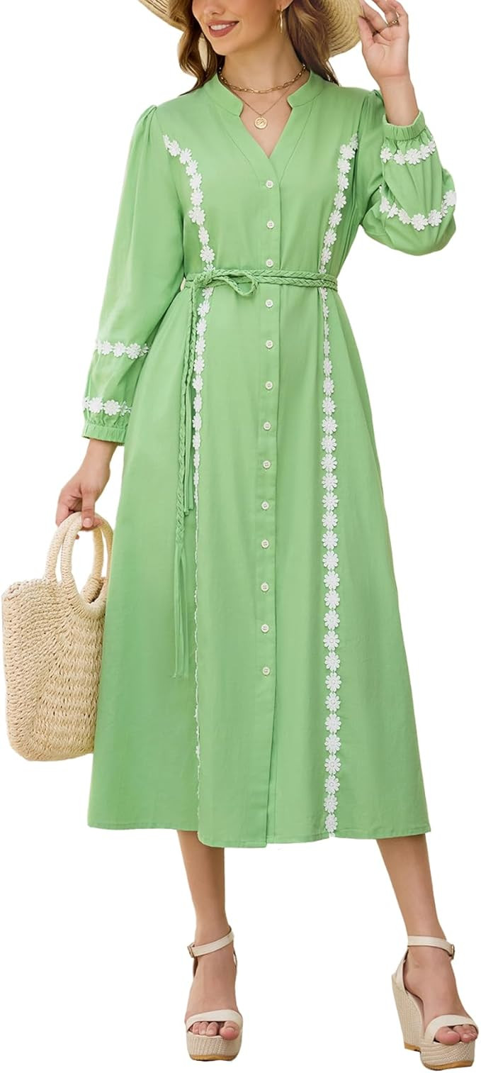 Women Button Down Maxi Dresses V Neck 3/4 Sleeve Lace Trim Kaftan Dress Fall Belted Long Shirt Dr... | Amazon (US)