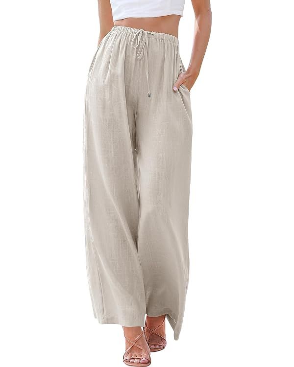 ANRABESS Women's Linen Summer Palazzo Pants Flowy Wide Leg Beach Casual Pant Trousers with Pocket... | Amazon (US)