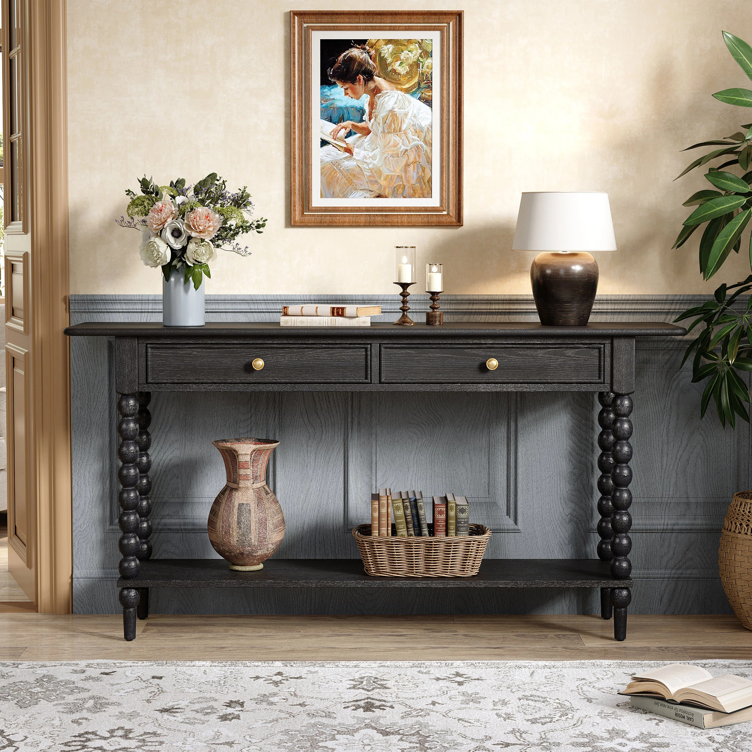 Liora Retro Console Table With 2 Drawers, Shelf, And Spherical Column Legs | Wayfair North America