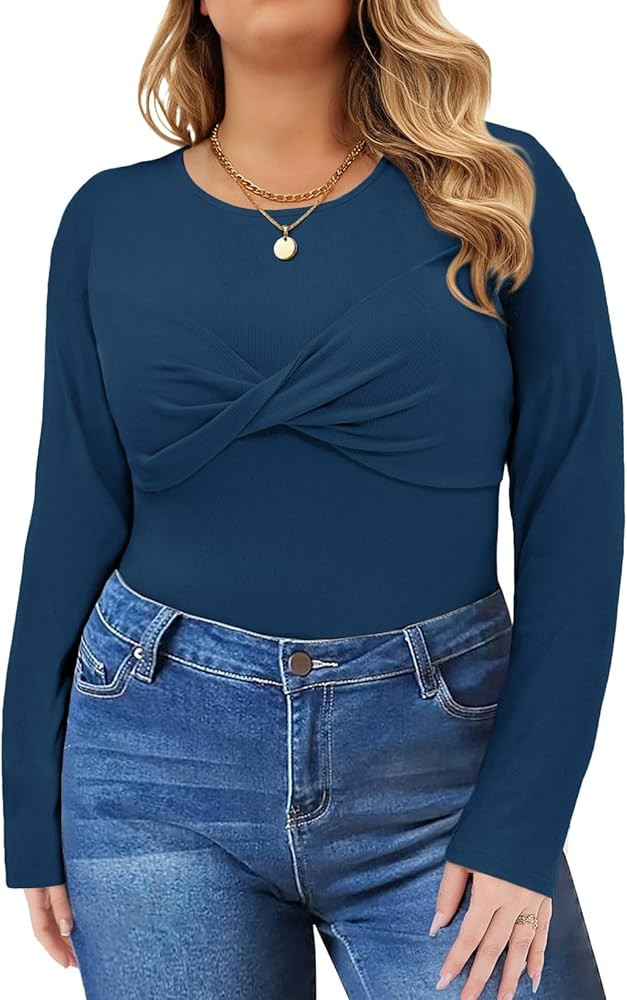 AlvaQ Plus Size Tops for Women 2025 Fall Crewneck Twist Front Long Sleeve Shirts Casual Slim Fit ... | Amazon (US)