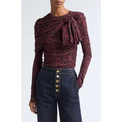 Ulla Johnson Neema Draped Jersey Top in Claret Floral at Nordstrom, Size Large | Nordstrom