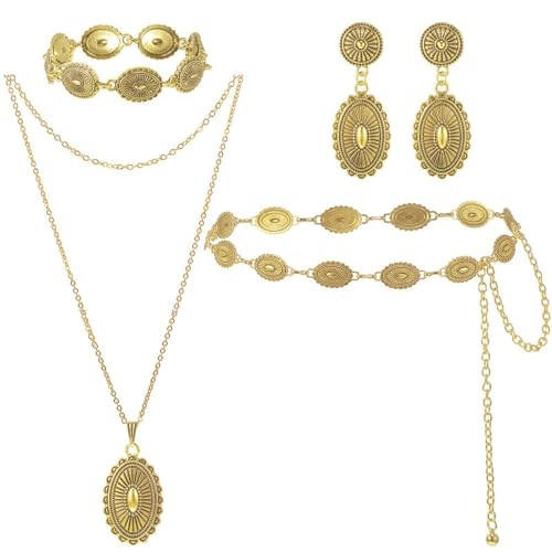 Haysandy 4 Pcs Turquoise Western Jewelry Sets for Women Bohemian Vintage Concho Necklace Classic Dangle Earrings Bracelet Belt(Gold Concho,47.24 Inch) | Amazon (US)