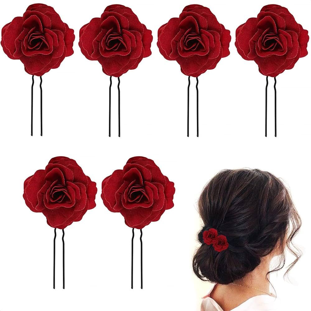 6Pcs Small Red Rose Hair clip - Large Bobby Pins for Thick Hair Flower Pins Wedding Hair Accessor... | Amazon (US)