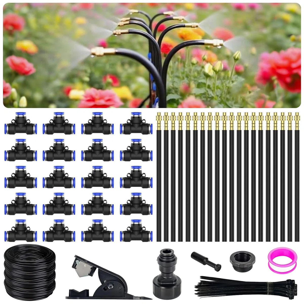 RAINBEAN 360° Adjustable Drip Irrigation System – 66FT Garden Watering Kit With 20 Copper Nozz... | Wayfair North America