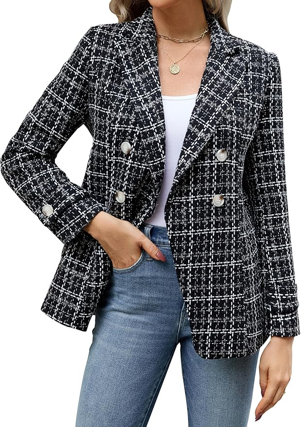 Angashion Womens Tweed Blazer Jackets: Fashion Casual Open Front Elegant Houndstooth Plaid Jacket... | Amazon (US)