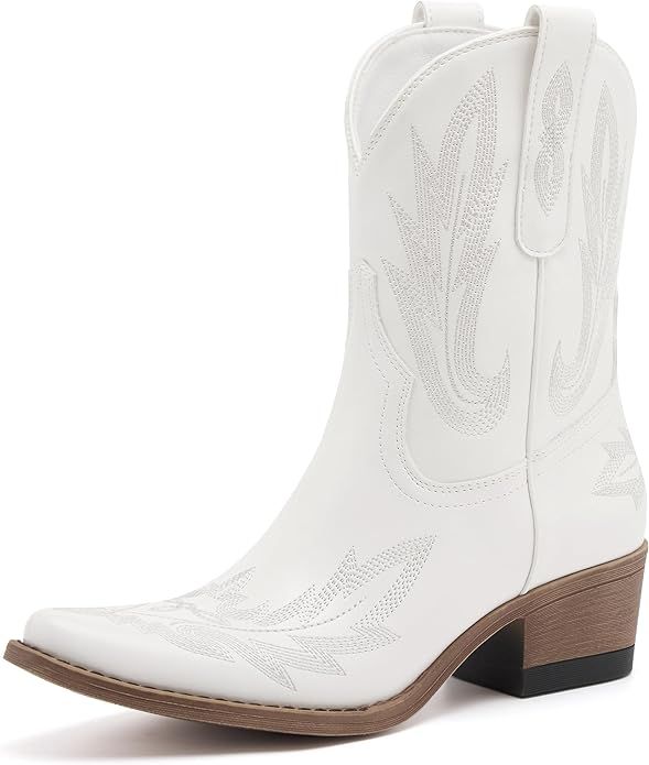 Western Embroidered Women's Cowboy Boots - Pointed Toe, Chunky Heel, Mid-Calf Cowgirl Boots with ... | Amazon (US)