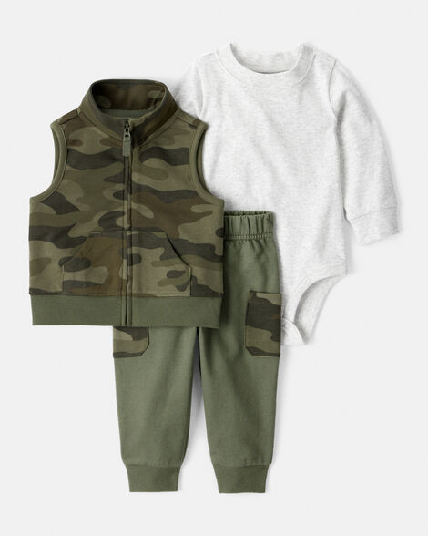 Baby Boy 3-Piece Camo French Terry Vest, Bodysuit & Pant Set - Green | Carter's Inc