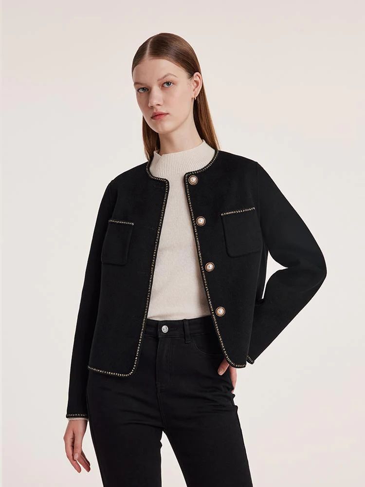 Black Pure Woolen Tweed Jacket | GOELIA