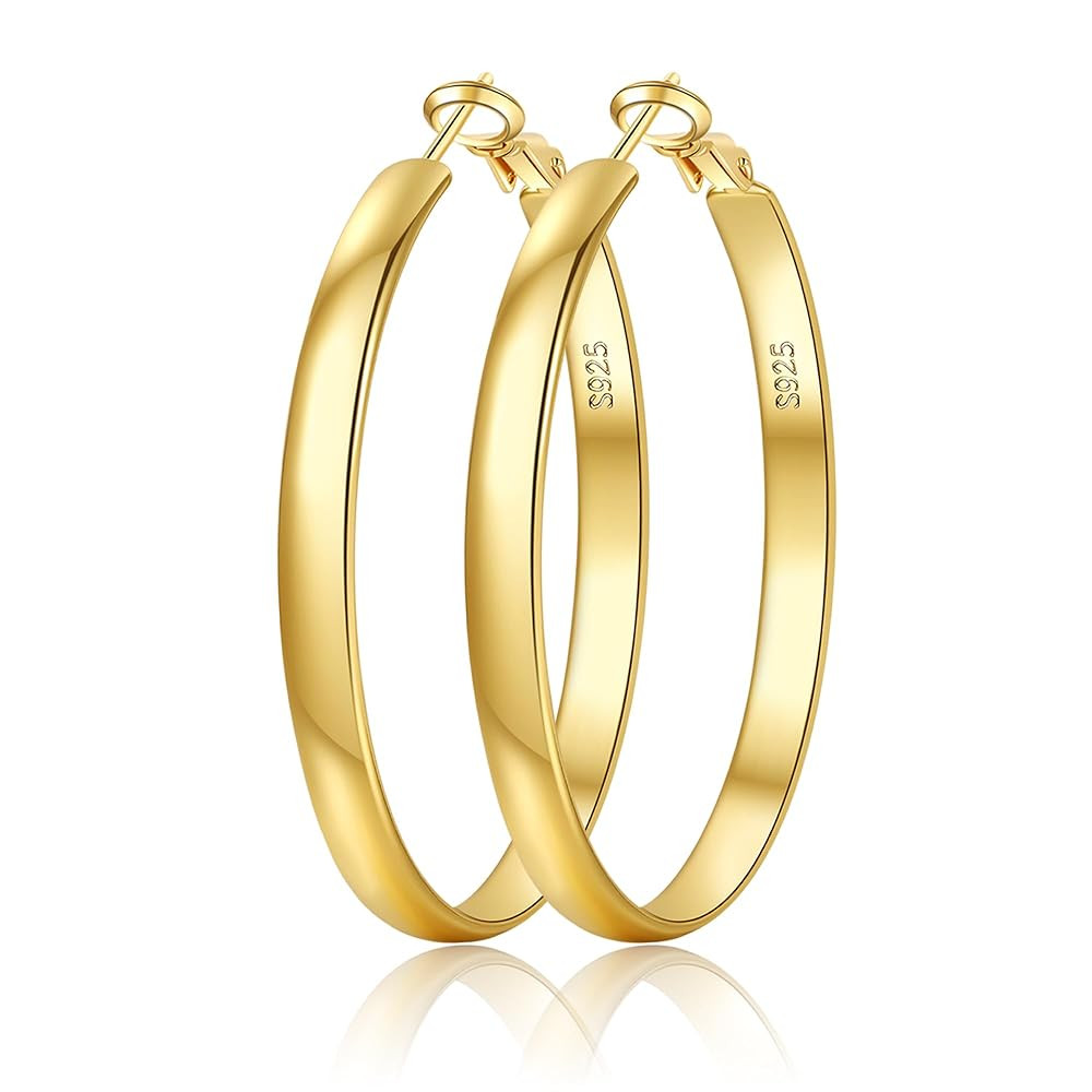 EXGOX 5mm Wide Gold Hoop Earrings for Women,Sterling Silver Hoop Earrings Large Silver Hoop Earri... | Amazon (US)