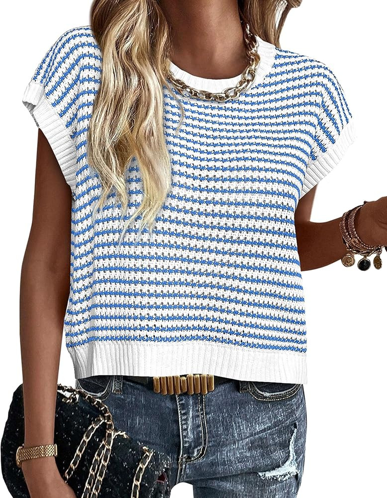 PRETTYGARDEN Womens Short Sleeve Sweater Spring Summer 2025 Round Neck Striped Pullover Cap Sleev... | Amazon (US)