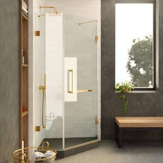 40 in. W x 74.25 in. H Neo Angle Fixed Frameless Corner Shower Enclosure in Satin Brass | The Home Depot