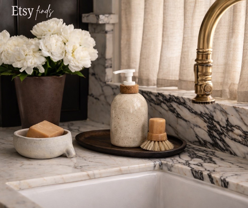 Vintage | handmade | made to order | ceramic | stoneware | unlacquered brass faucet | pottery | peonies | kitchen sink style | soap dispenser | planter | amazon | Etsy | Walmart | Target | kitchen sink decor | tray | soap dish  

#LTKSaleAlert #LTKFindsUnder100 #LTKHome