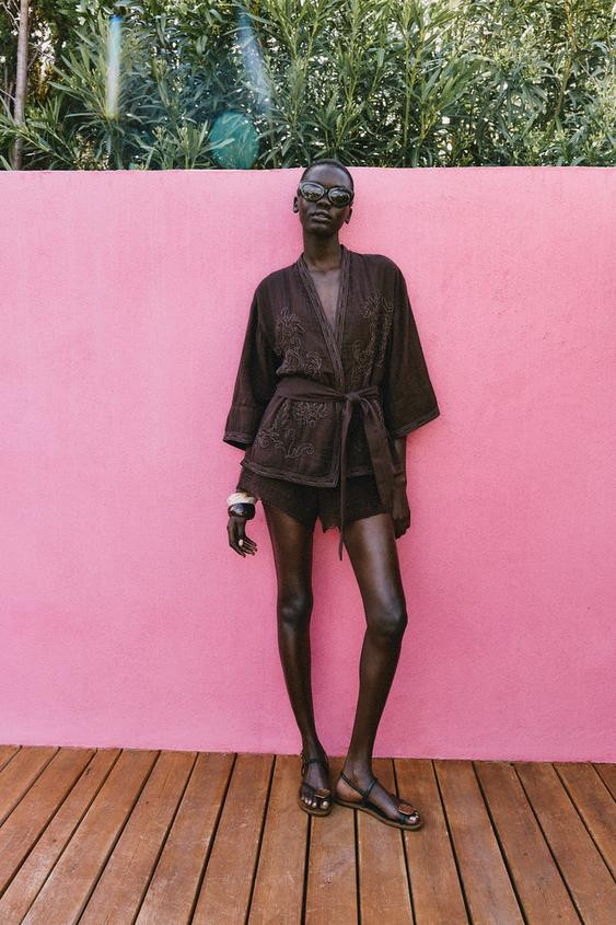 EMBROIDERED BELTED KIMONO JACKET | Zara US