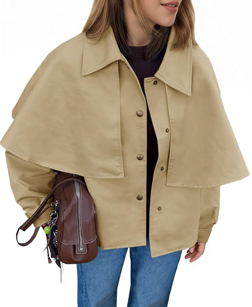 Tankaneo Womens Cropped Trench Coat Casual Lapel Single Breasted Cape Sleeve Short Jacket 2025 Fa... | Amazon (US)