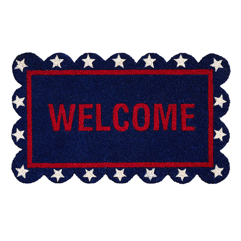 Blue & Red Welcome Scalloped Shaped Coir Mat, 18x30 | At Home