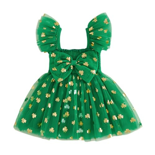 Toddler Baby Girl St Patricks Day Outfit Clover Print Ruffle Sleeve Bowknot Tulle Dress Girls Party Dresses (Green, 18-24 Months) | Amazon (US)