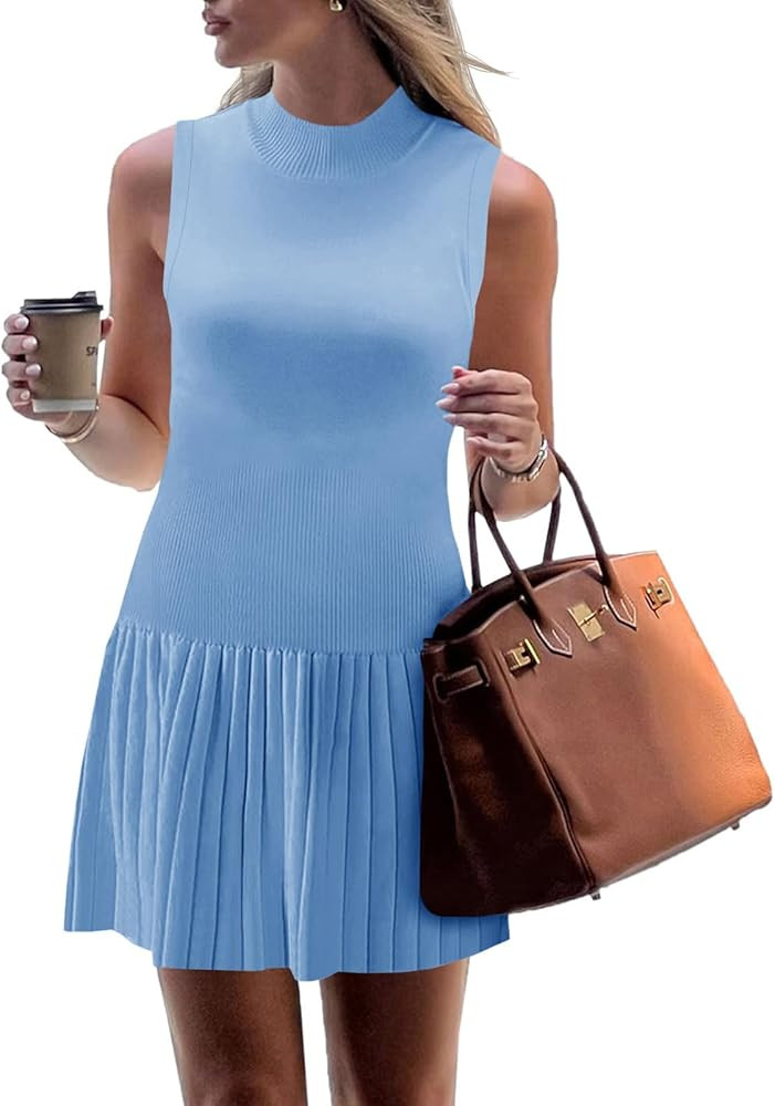 Wenrine Womens Sleeveless Summer Mini Dress Mock Neck Ribbed Knit Ruffle Pleated Casual Tank Dres... | Amazon (US)